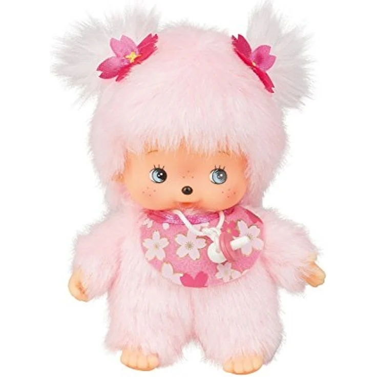 Sekiguchi 242443 - Original Bebichhichi Mädchen Kirschblüte, aus rosa Plüsch, mit Lätzchen und Zöpfen mit Blumen, ca. 15 cm – Bild 2
