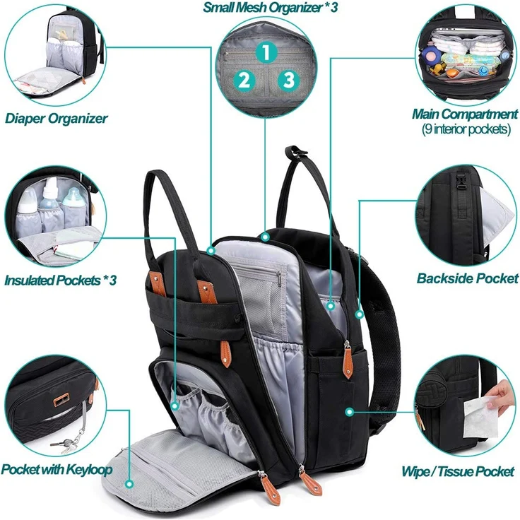 BabbleRoo Baby Wickeltasche/Rucksack, Wickelrucksack lässige Wickeltaschen, Multifunktional Große Kapazität Babytasche Reiserucksack mit Wickelauflage & Schnullerhalter (Schwarz) – Bild 2