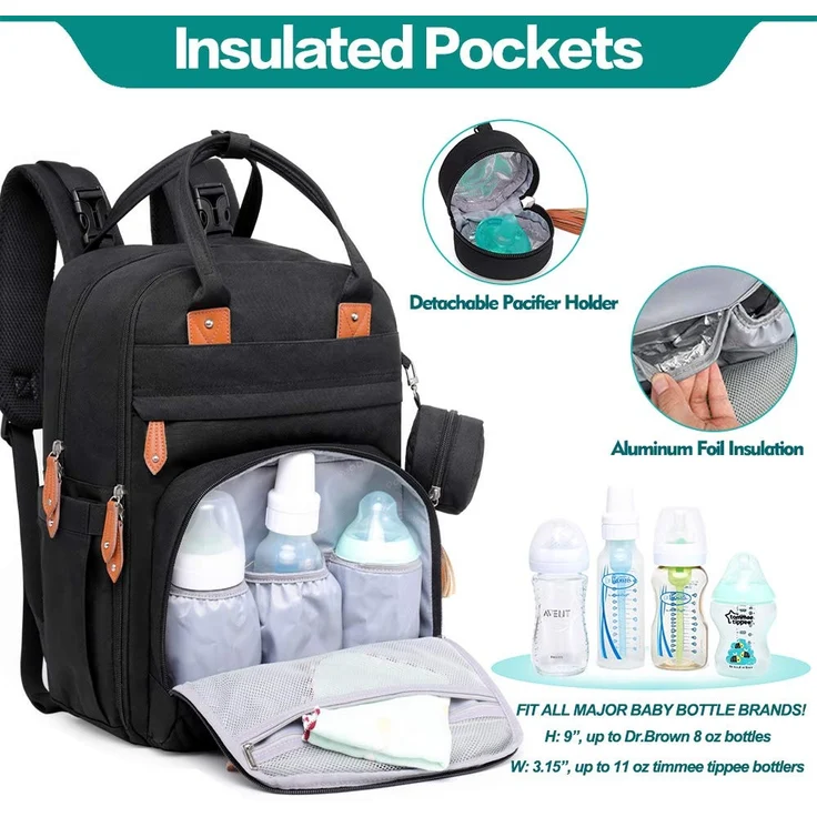 BabbleRoo Baby Wickeltasche/Rucksack, Wickelrucksack lässige Wickeltaschen, Multifunktional Große Kapazität Babytasche Reiserucksack mit Wickelauflage & Schnullerhalter (Schwarz) – Bild 3