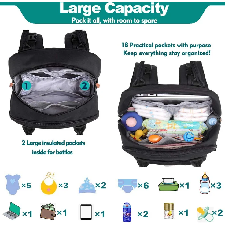 BabbleRoo Baby Wickeltasche/Rucksack, Wickelrucksack lässige Wickeltaschen, Multifunktional Große Kapazität Babytasche Reiserucksack mit Wickelauflage & Schnullerhalter (Schwarz) – Bild 5