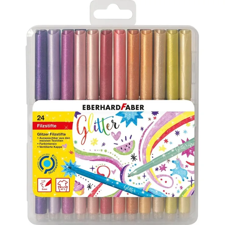 Eberhard Faber 551024 - Glitzer Filzstifte in 24 leuchtenden Farben, Minenstärke 3 mm, auswaschbar, in aufklappbarer Geschenkbox, zum Zeichnen, Kolorieren, Basteln und Schreiben