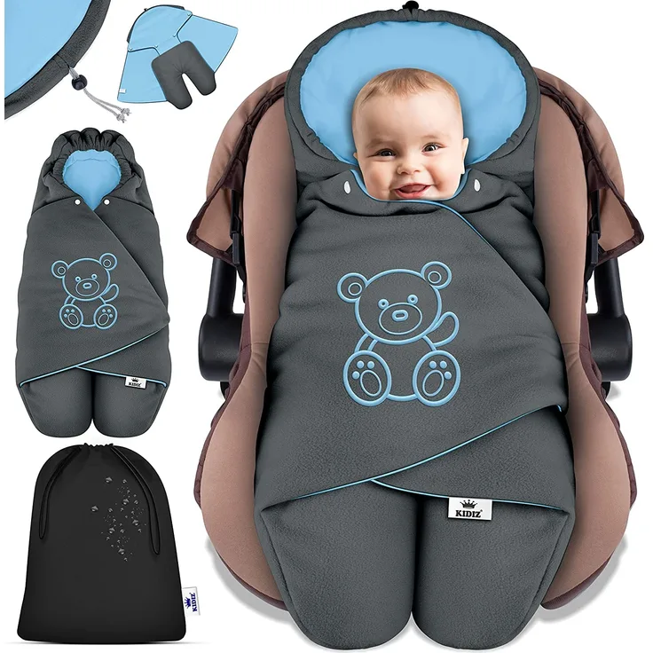 KIDIZ® Baby Einschlagdecke Winter mit Kapuze +Tasche Babyeinschlagdecke Universal für Babyschale, Autositz, z. B. für Maxi-Cosi, Römer für Buggy Babybett Kinderwagen & alle Gurtsysteme 3 & 5-Punkt Gurt Anthrazit / Hellblau