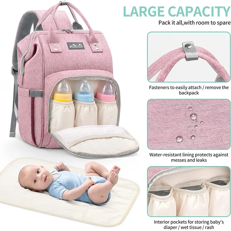 Viedouce Baby Wickelrucksack Wickeltasche Babytasche,Wasserdicht Oxford Große Kapazität für ausgehen,Multifunktional zum Rucksack mit 1 Stück Wickelauflage und 2 Kinderwagengurten (Rosa) – Bild 4