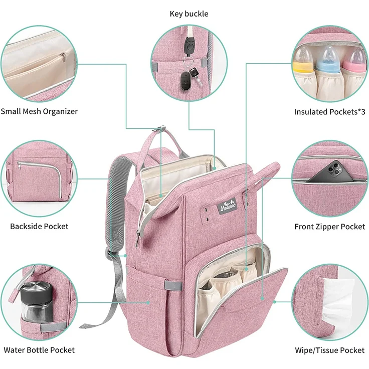 Viedouce Baby Wickelrucksack Wickeltasche Babytasche,Wasserdicht Oxford Große Kapazität für ausgehen,Multifunktional zum Rucksack mit 1 Stück Wickelauflage und 2 Kinderwagengurten (Rosa) – Bild 5