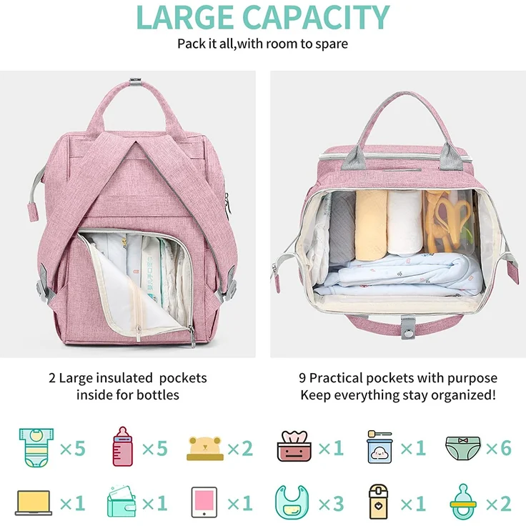 Viedouce Baby Wickelrucksack Wickeltasche Babytasche,Wasserdicht Oxford Große Kapazität für ausgehen,Multifunktional zum Rucksack mit 1 Stück Wickelauflage und 2 Kinderwagengurten (Rosa) – Bild 6