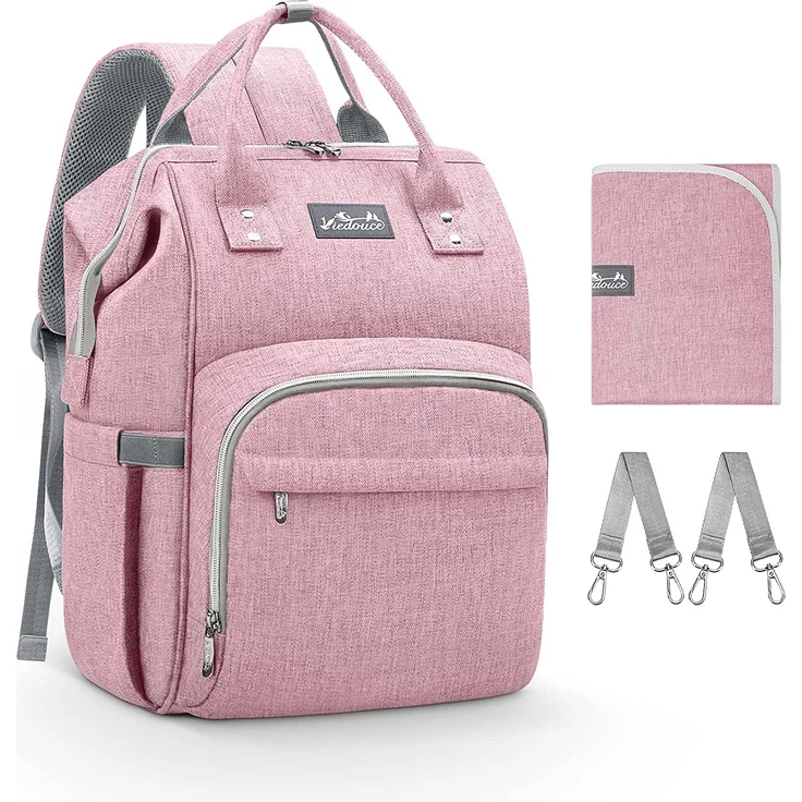 Viedouce Baby Wickelrucksack Wickeltasche Babytasche,Wasserdicht Oxford Große Kapazität für ausgehen,Multifunktional zum Rucksack mit 1 Stück Wickelauflage und 2 Kinderwagengurten (Rosa) – Bild 1