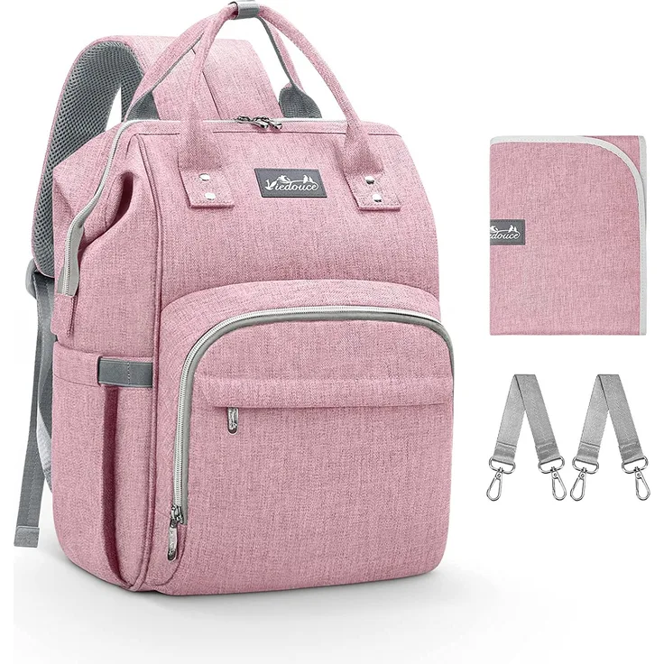 Viedouce Baby Wickelrucksack Wickeltasche Babytasche,Wasserdicht Oxford Große Kapazität für ausgehen,Multifunktional zum Rucksack mit 1 Stück Wickelauflage und 2 Kinderwagengurten (Rosa)