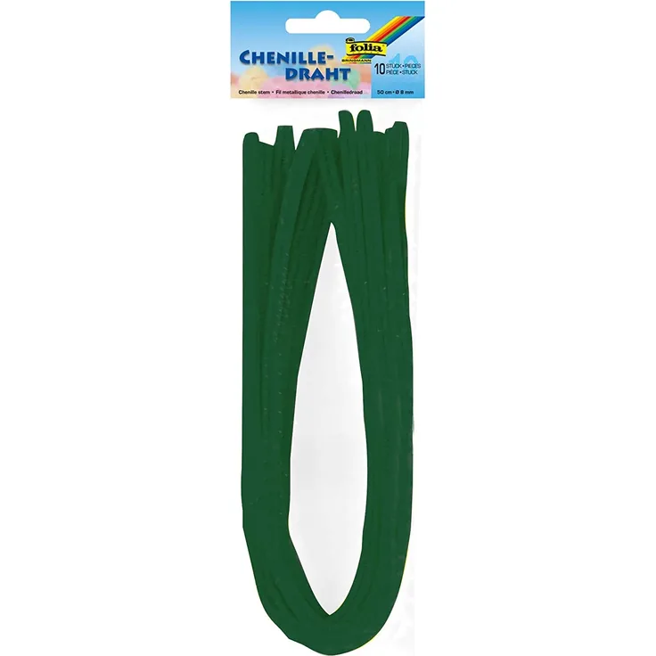 folia 77858 - Chenilledraht, Pfeifenputzer, 10 Stück in tannengrün, Durchmesser 8 mm und 50 cm lang, ideal für Kinder zum Basteln und Gestalten von Tieren, Figuren und anderen Formen
