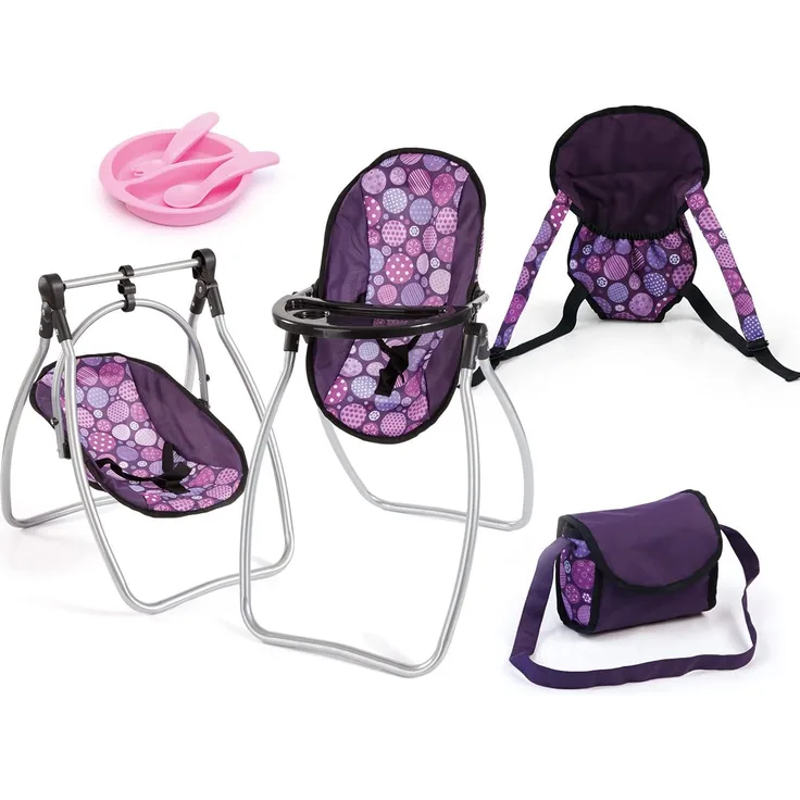 Bayer Design 63694AB, Puppenzubehör, Puppenhochstuhl, Puppenwiege, Babytrage für Puppen, inkl. Schultertasche und Plastikaccessoires, Pflaume - Preisvergleich