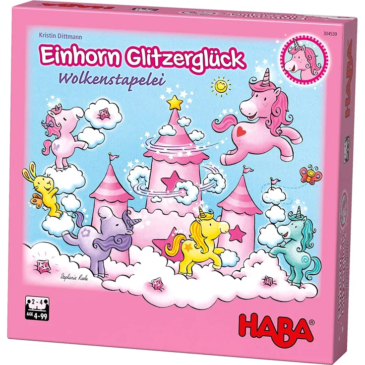 HABA 304539 - Einhorn Glitzerglück - Wolkenstapelei, kooperatives Stapelspiel mit Einhörnern und Wolken aus Holz, Spiel ab 4 Jahren