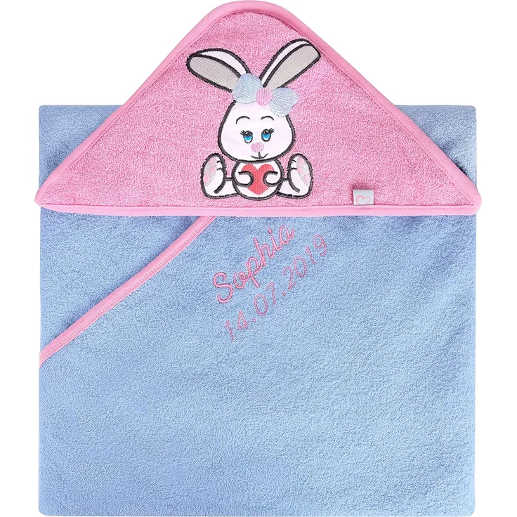 Be Mammy Kapuzenhandtuch Babyhandtuch aus Baumwolle bestickt mit Name und Geburtsdatum Oeko-Tex Standard 100 100cm x 100cm BE20-281-BBL (Hellblau - Hase)