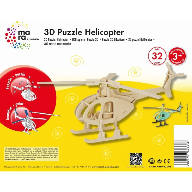 Mara by Marabu 046000003 - Helicopter, 3D Puzzle, 32-Teile