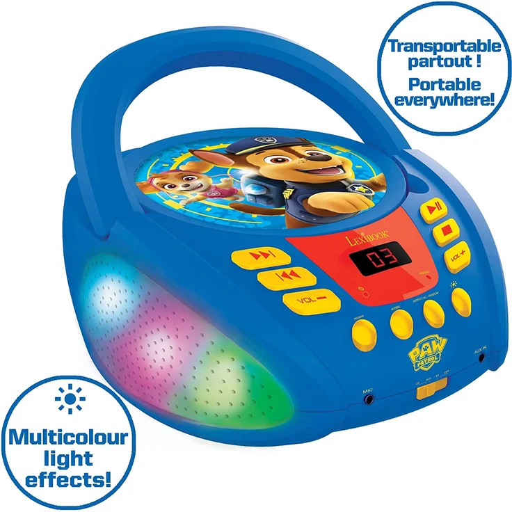 Lexibook RCD109PA Paw Patrol-Bluetooth-CD-Player für Kinder-Tragbar, Lichteffekte, Mikrofonbuchse, Aux-In, Akku oder Netz, Mädchen, Jungen, Blau/Rot – Bild 3