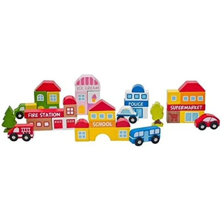 Woody Massivholz Bausteine City 39 TLG. , auch als Zubehör zur Eisenbahn