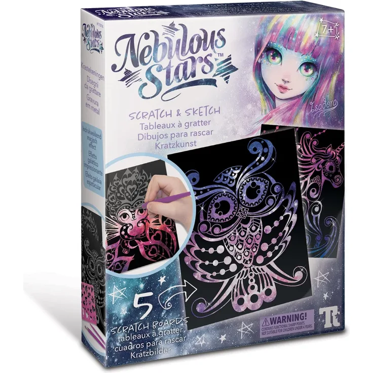 Nebulous Stars NS11014 Kreativset Kratzkunst, mit 5 Kratzbildern, 2 Kratzstiften und 21 Motivschablonen, für Mädchen ab 7 Jahre, als Geschenkidee