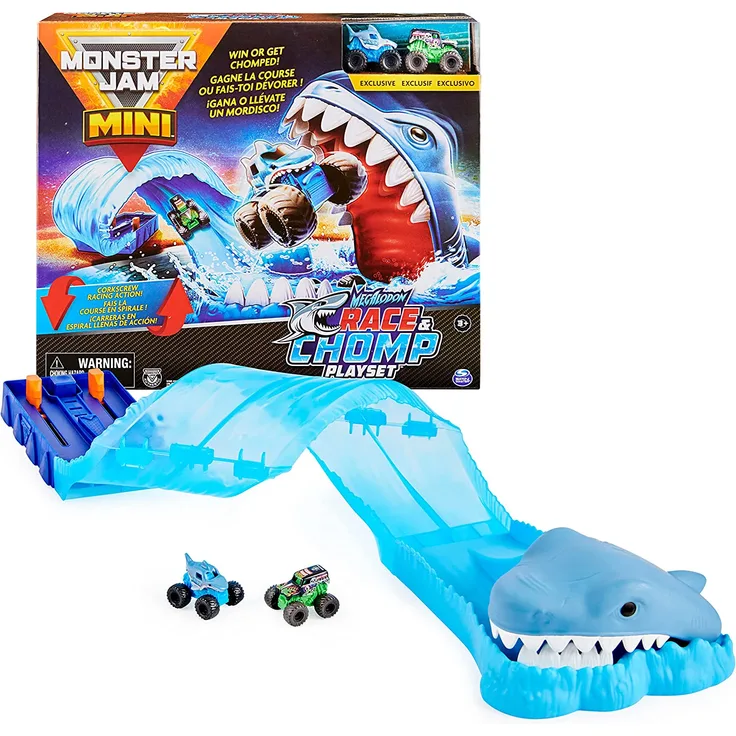 Monster Jam Mini Megalodon Race and Chomp Playset with 2 Mini Trucks in 1:87 scale