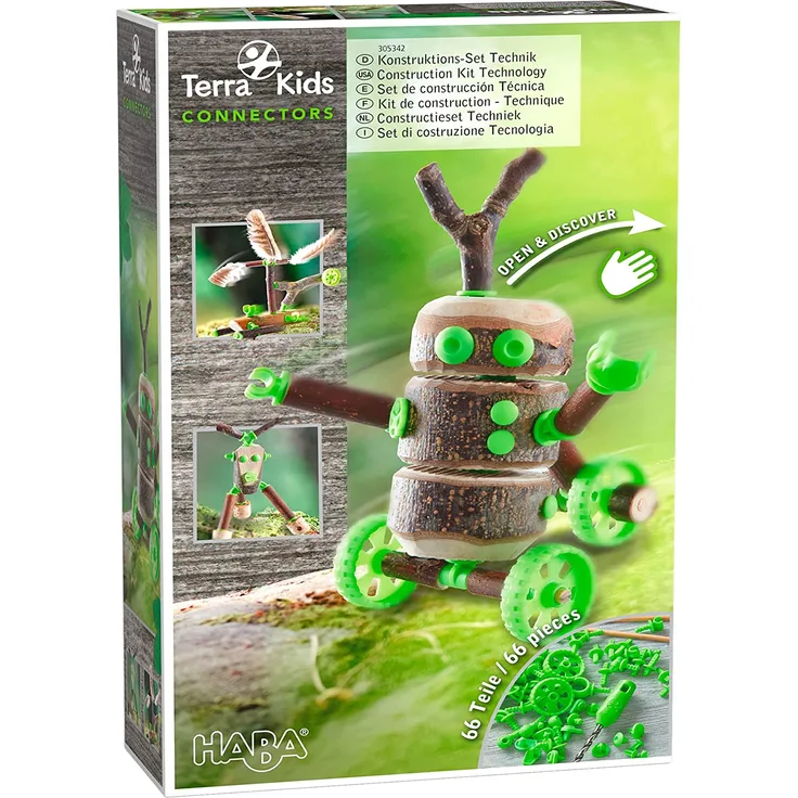 HABA 305342 - Terra Kids Connectors - Konstruktions-Set Technik, Kinder-Bastelset für bewegliche Konstruktionen, Verbinder aus Kunststoff für Holz und Kork, mit Handbohrer und Anleitung