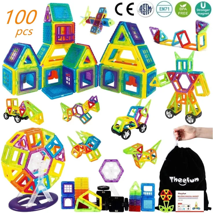 theefun Magnetische Bausteine, 100 Teile Magnetbausteine Magnetspielzeug Magnet Spielzeug Magnetspiele für Kinder Geschenk Magnetic Bauklötze Spielzeug ab 2 3 4 5 6 7 Jahre Junge - Preisvergleich