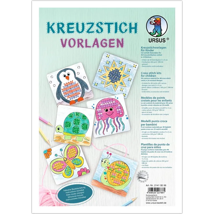 Ursus 21410099 Kreuzstichvorlagen für Kinder, 24 Verschiedene Motive