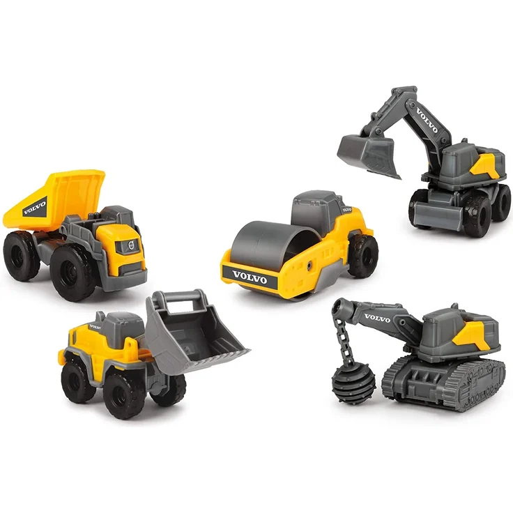 Dickie Toys Volvo Micro Workers 5er Spielzeugset Baustelle, Bagger, Baustelle, 5er-Set Baufahrzeuge, Baufahrzeuge Kinder, Baustellenfahrzeuge, Geschenkset Kinder 3 Jahre – Bild 1