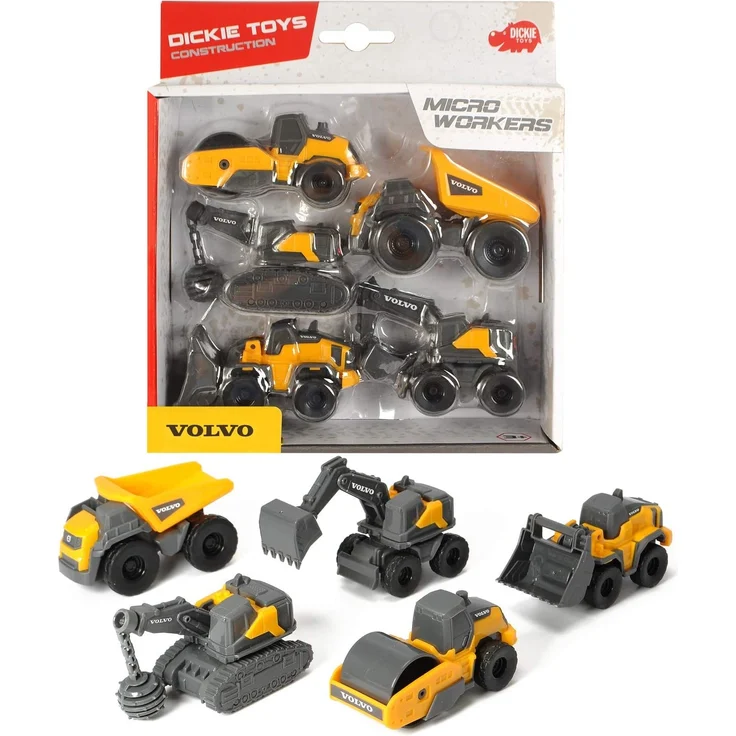 Dickie Toys Volvo Micro Workers 5er Spielzeugset Baustelle, Bagger, Baustelle, 5er-Set Baufahrzeuge, Baufahrzeuge Kinder, Baustellenfahrzeuge, Geschenkset Kinder 3 Jahre – Bild 7