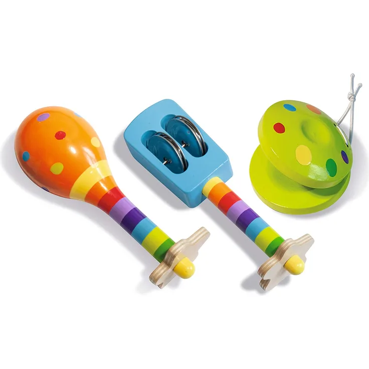 Eichhorn 100003484 Musik Set enthält Rassel, Maracas und Kastagnette, Bunte Musikinstrumente aus Holz, 3 teilig, ab einem Jahr