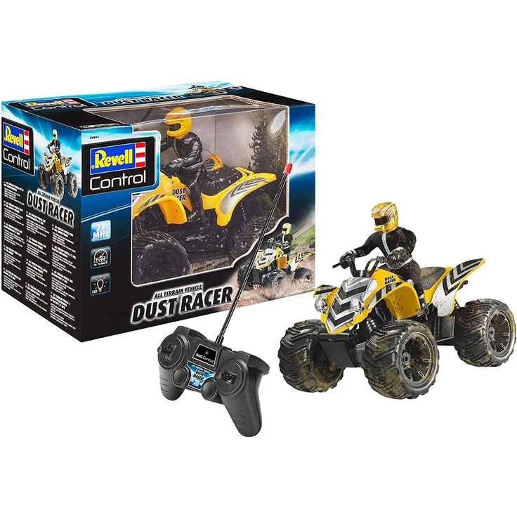 Revell 24641 New Dust Racer 8 RC Quadbike, ferngesteuertes Quad in Used-Look mit 2-Kanal 27 MHz Fernsteuerung für Einsteiger, gelb, 220 x 170 x 210 mm – Bild 1
