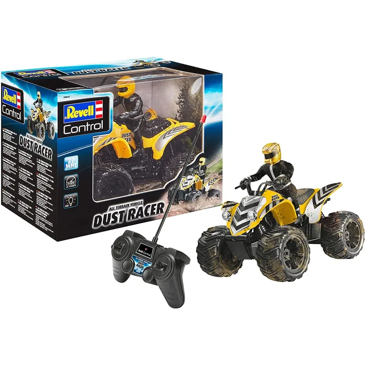 Revell 24641 New Dust Racer 8 RC Quadbike, ferngesteuertes Quad in Used-Look mit 2-Kanal 27 MHz Fernsteuerung für Einsteiger, gelb, 220 x 170 x 210 mm