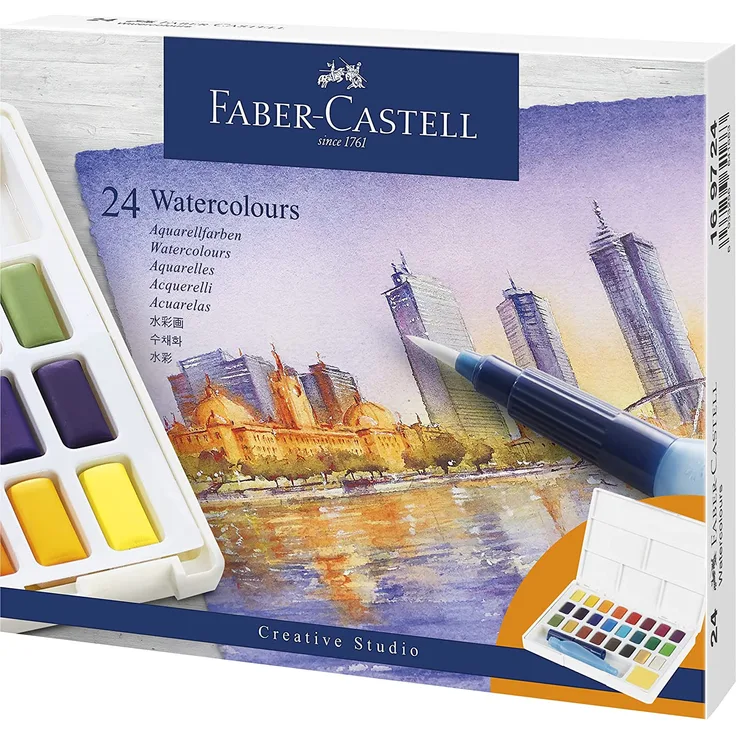 Faber-Castell 169724 - Aquarellfarben in Näpfchen, mit Mischpalette und Wassertankpinsel, 24er Etui
