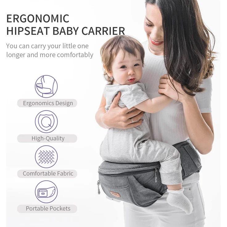 Baby Hüftsitz Ergonomische, SUNVENO Baby Hüftsitzträger, Babytrage Dekompression mit Verstellbarem Gurt und Tasche, Baby Hüfthocker Praktische Baby Vordertrage für 0-20 kg Baby, Grau – Bild 2