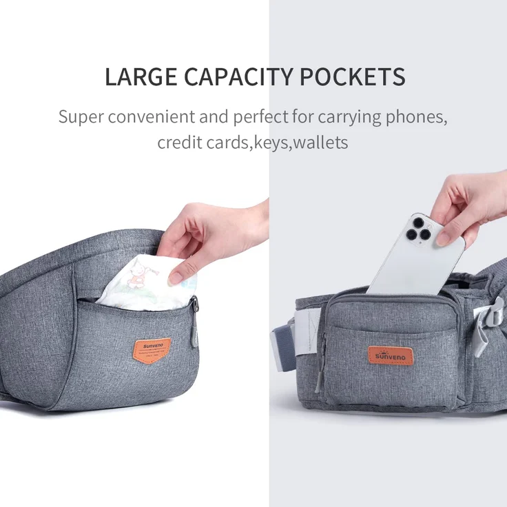 Baby Hüftsitz Ergonomische, SUNVENO Baby Hüftsitzträger, Babytrage Dekompression mit Verstellbarem Gurt und Tasche, Baby Hüfthocker Praktische Baby Vordertrage für 0-20 kg Baby, Grau – Bild 4