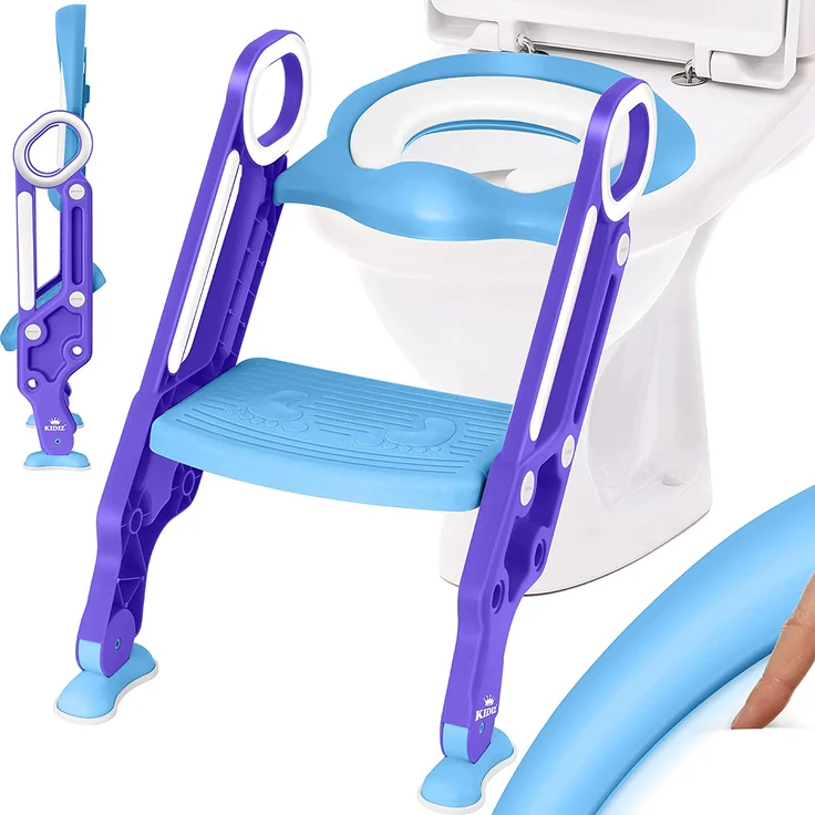 KIDIZ® Kinder Toilettensitz Toilettentrainer mit Treppe und Griffe Faltbar Kindertoilette WC Sitz Töpfchentrainer Lerntöpfchen bequemem Kissen und breiten Stufen Toilettentreppe höhenverstellbar Blau – Bild 1