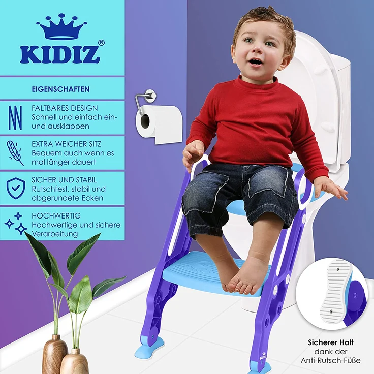KIDIZ® Kinder Toilettensitz Toilettentrainer mit Treppe und Griffe Faltbar Kindertoilette WC Sitz Töpfchentrainer Lerntöpfchen bequemem Kissen und breiten Stufen Toilettentreppe höhenverstellbar Blau – Bild 2