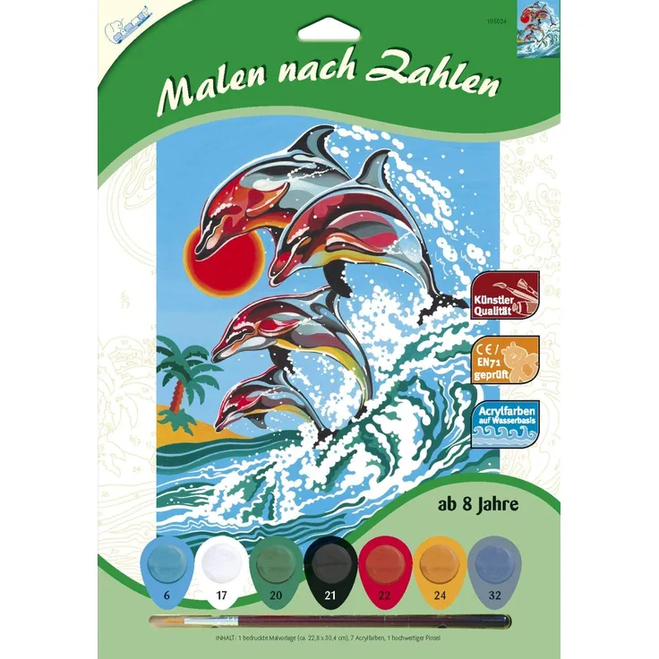 MAMMUT 105034 - Malen nach Zahlen Tiermotiv, Delfine, Komplettset mit bedruckter Malvorlage im A4 Format, 7 Acrylfarben und Pinsel, Malset für Kinder ab 8 Jahre