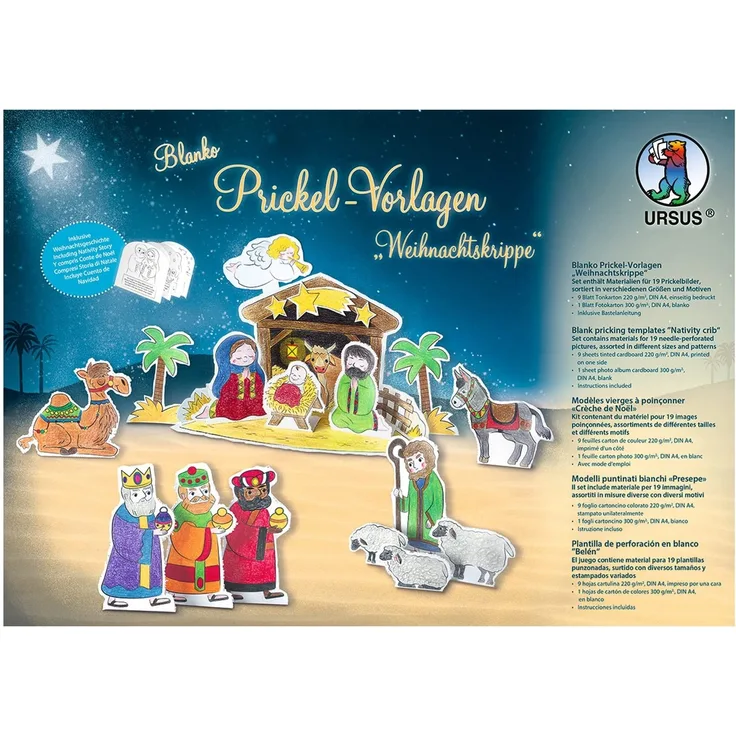 Ursus 21380099 Blanko Prickelvorlagen für eine Weihnachtskrippe, weiß