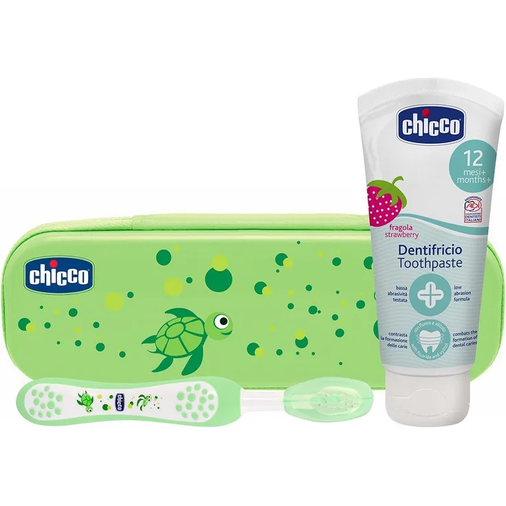 Chicco Oral Set inklusive Zahnbürste und Zahnpaste Erdbeere mit Flourid, grün