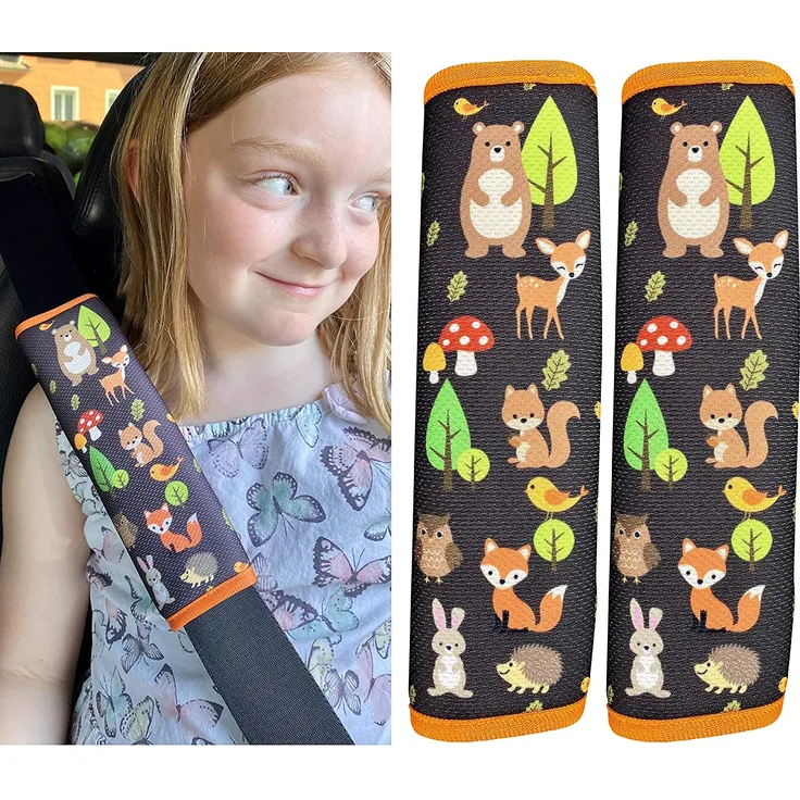 HECKBO® 2x Auto Gurtschutz mit Waldtiere Motiv - Sicherheitsgurt Schulterpolster Schulterkissen Gurtschoner Autositze Gurtpolster für Kinder, Mädchen; Jungen - Schutz vor Gurt Einschneiden