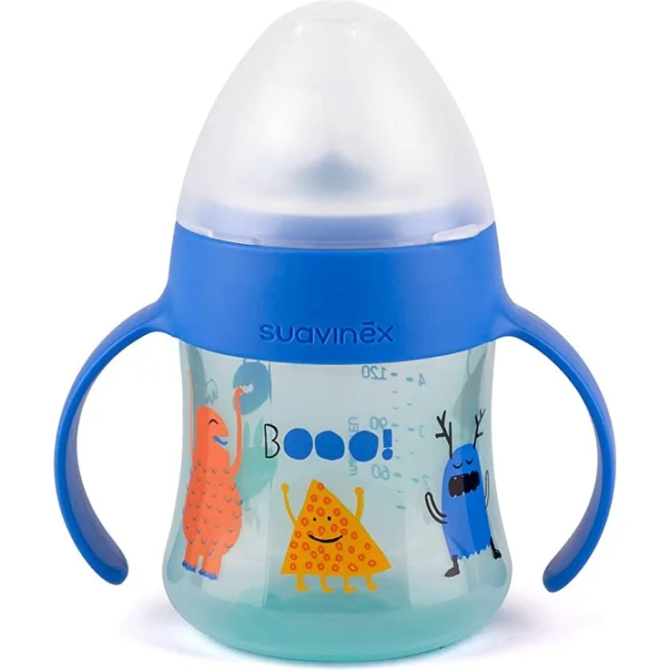 Suavinex - Babyflasche mit Griffen First BOOO 150 ml. Antitropf-Silikonsauger. Ergonomisches Design. Babyflasche für Babys + 4 Monate, Farbe Rosa