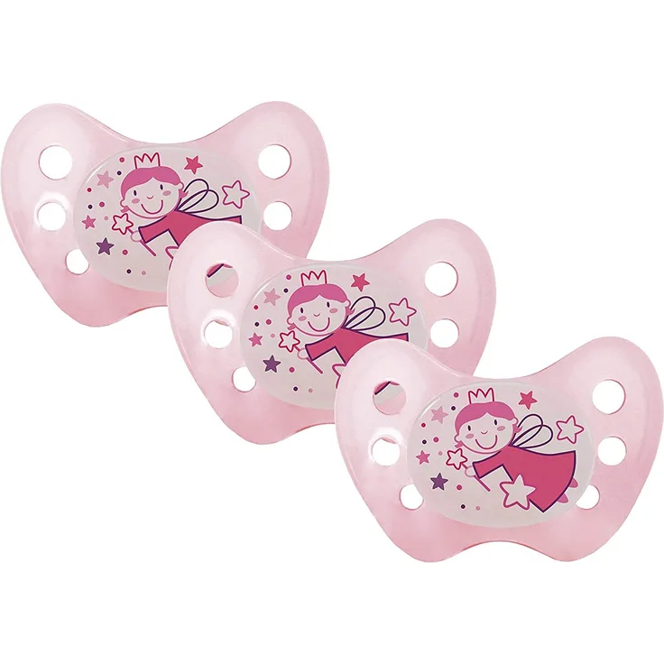Dentistar® Night Silikon Schnuller 3er-Set – Größe 3 ab 14 Monate – Zahn- & kieferfreundlicher Leuchtschnuller für die Nacht – Rosa mit Feen-Motiv, leuchtet im Dunkeln – Made in Germany