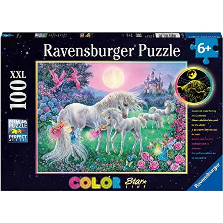 Ravensburger Kinderpuzzle 13670 - Einhörner im Mondschein 100 Teile XXL - Puzzle für Kinder ab 6 Jahren - Leuchtet im Dunkeln