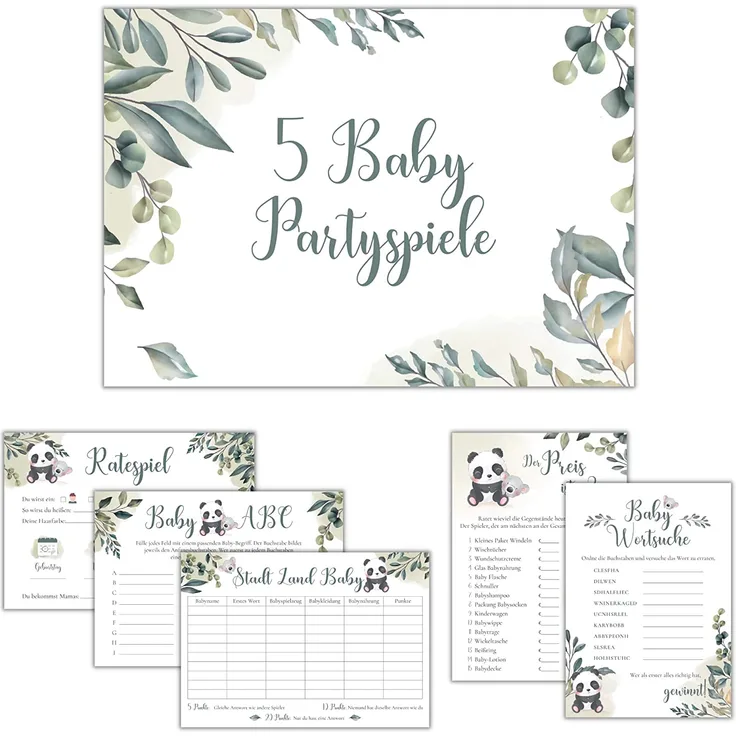 Babyparty Spiele Set, Babyshower Spiele Set, 5 witzige Babyparty-Spiele (je 10 Stück), Babyparty Geschenk, Babyparty Karten zum Ausfüllen, Partyspiele Babyshower