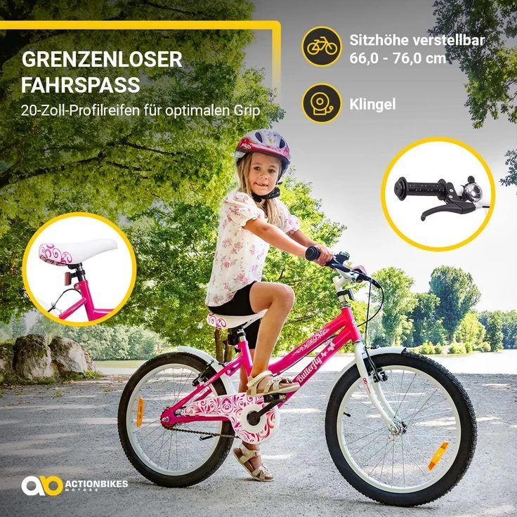 Kinderfahrrad Butterfly 20 Zoll Kinder Mädchen Fahrrad pink mit Fahrradständer (Weiß/Pink) – Bild 3