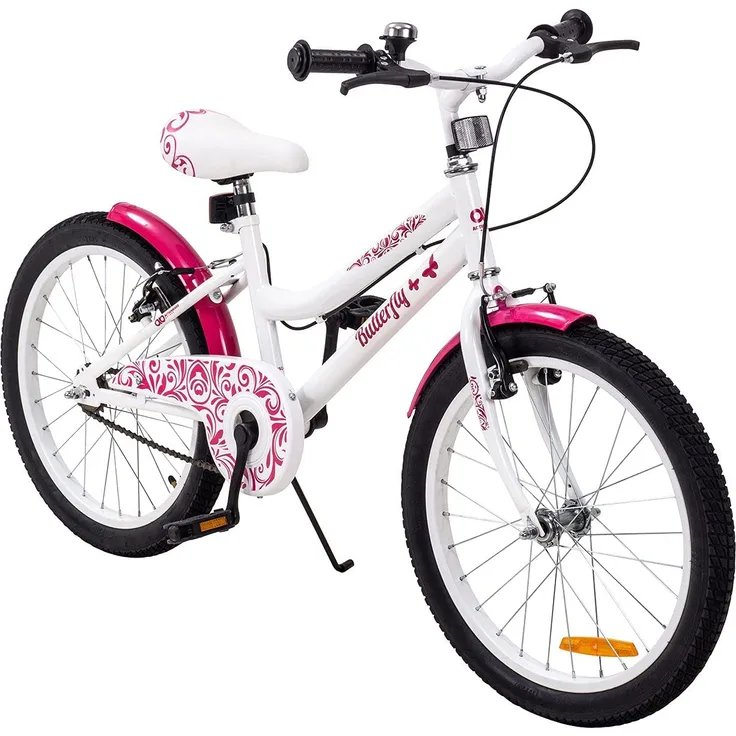 Kinderfahrrad Butterfly 20 Zoll Kinder Mädchen Fahrrad pink mit Fahrradständer (Weiß/Pink)