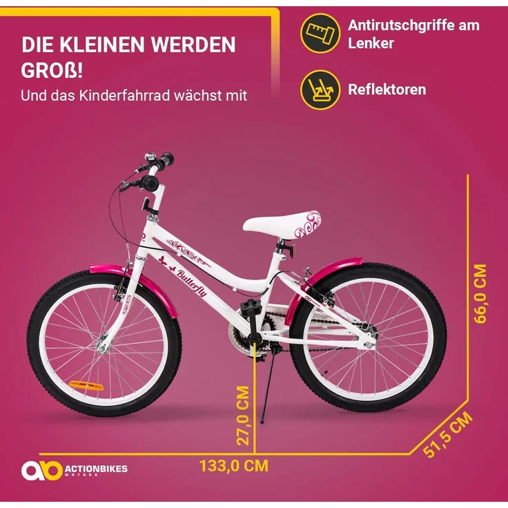 Kinderfahrrad Butterfly 20 Zoll Kinder Mädchen Fahrrad pink mit Fahrradständer (Weiß/Pink) – Bild 4