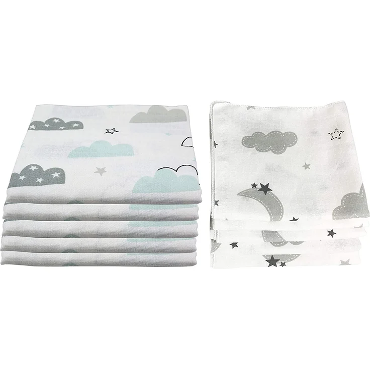 10x Spucktücher Mullwindeln Baby Baumwolle 80x70 cm | ÖKO-TEX (Wolken (5 grau, 5 mint)) – Bild 1