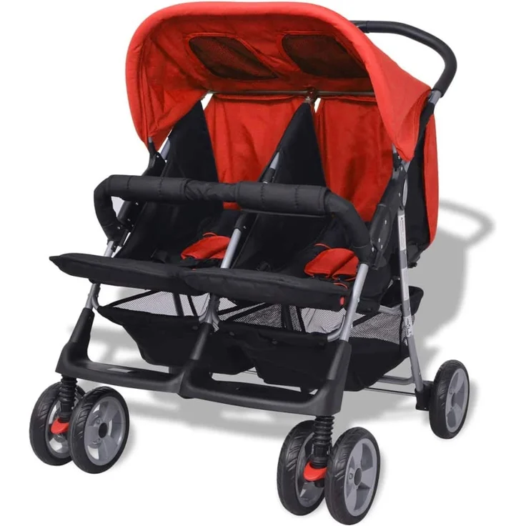 Baby Zwillingswagen Stahl Rot und Schwarz – Bild 3