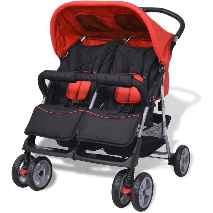 Baby Zwillingswagen Stahl Rot und Schwarz – Bild 1