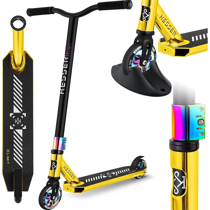 KESSER® Stunt Scooter X-Limit-Pro 360° Lenkung Funscooter Stuntscooter mit Ständer ABEC 9 Kugellagern, 110 mm PU Räder , Kickscooter Tretroller Cityroller Trick Roller für Kinder Erwachsene Chrome / Gold – Bild 2