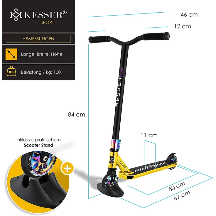 KESSER® Stunt Scooter X-Limit-Pro 360° Lenkung Funscooter Stuntscooter mit Ständer ABEC 9 Kugellagern, 110 mm PU Räder , Kickscooter Tretroller Cityroller Trick Roller für Kinder Erwachsene Chrome / Gold – Bild 8