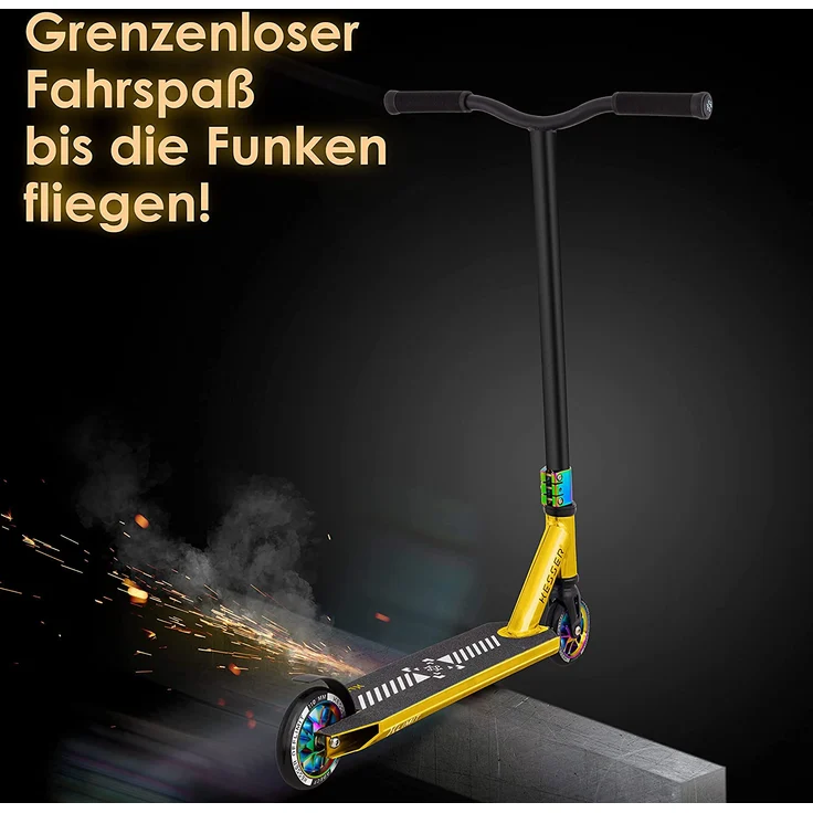 KESSER® Stunt Scooter X-Limit-Pro 360° Lenkung Funscooter Stuntscooter mit Ständer ABEC 9 Kugellagern, 110 mm PU Räder , Kickscooter Tretroller Cityroller Trick Roller für Kinder Erwachsene Chrome / Gold – Bild 3